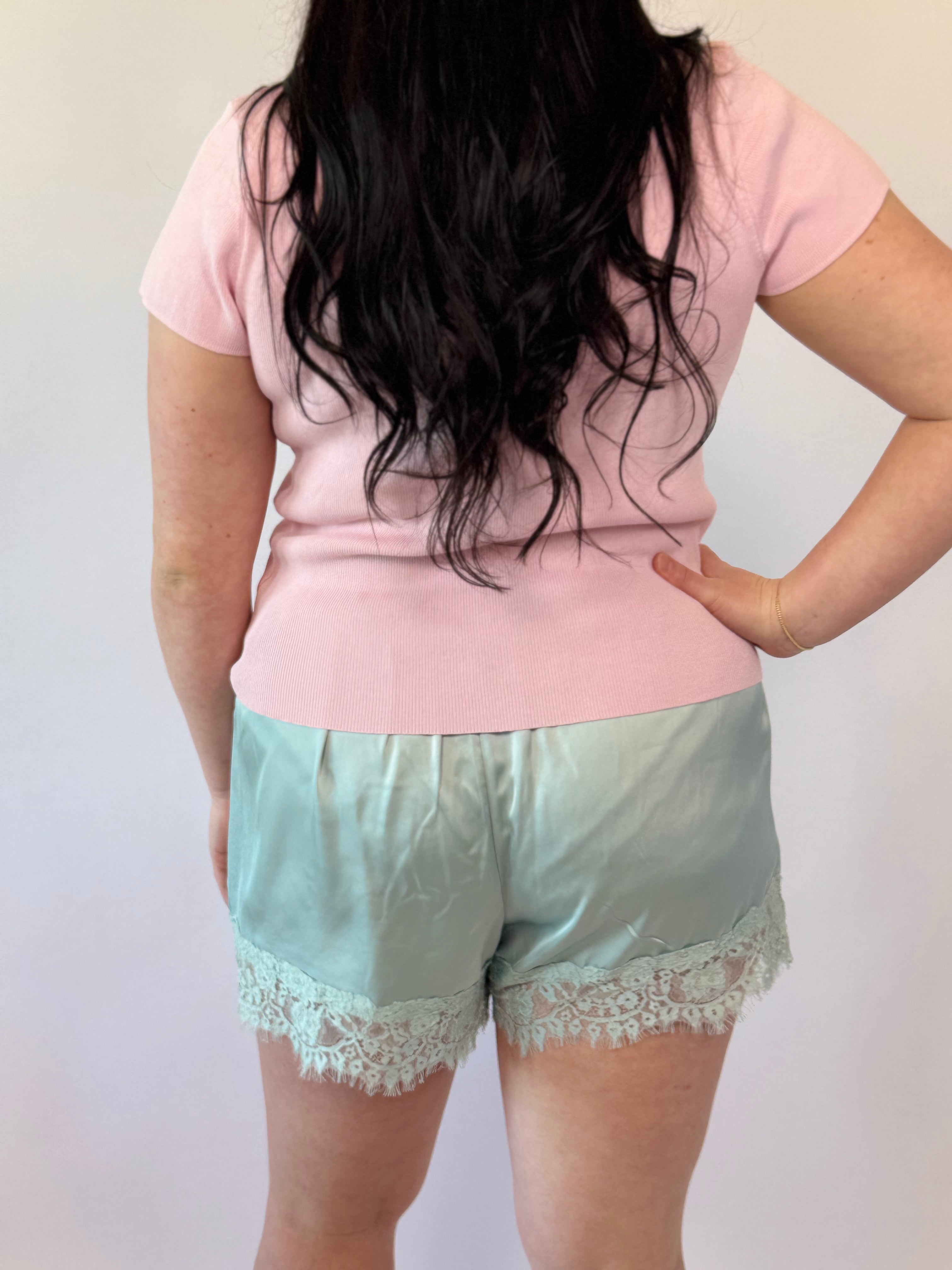 Brooke & Co Sweet Mint Lace Shorts mint green lace trim boutique silky shorts back view