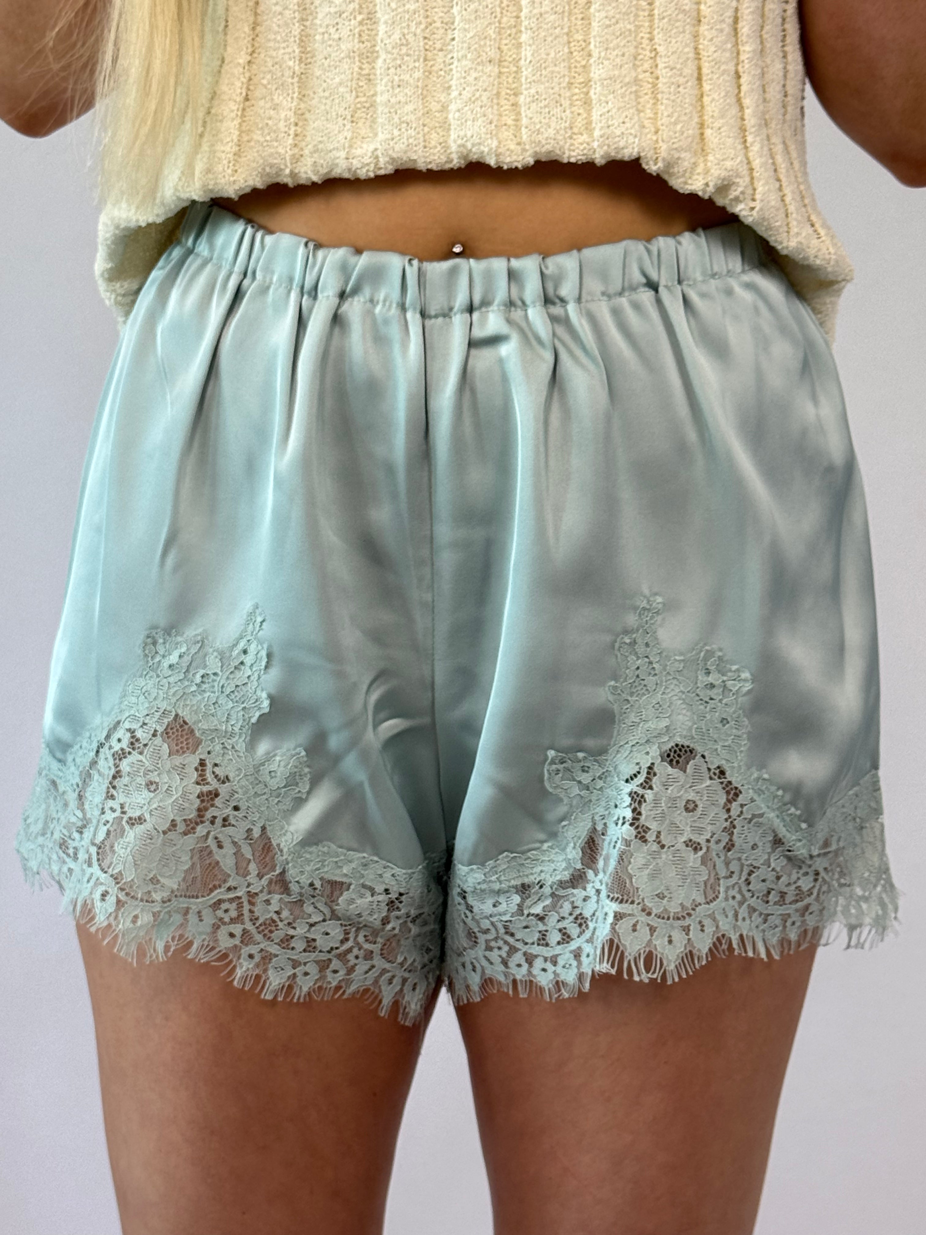 Brooke & Co sweet mint lace shorts elastic waist front close up view
