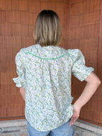 Brooke & co spring meadow top back view in blue and green floral showing relaxed silhouette and lightweight fabric