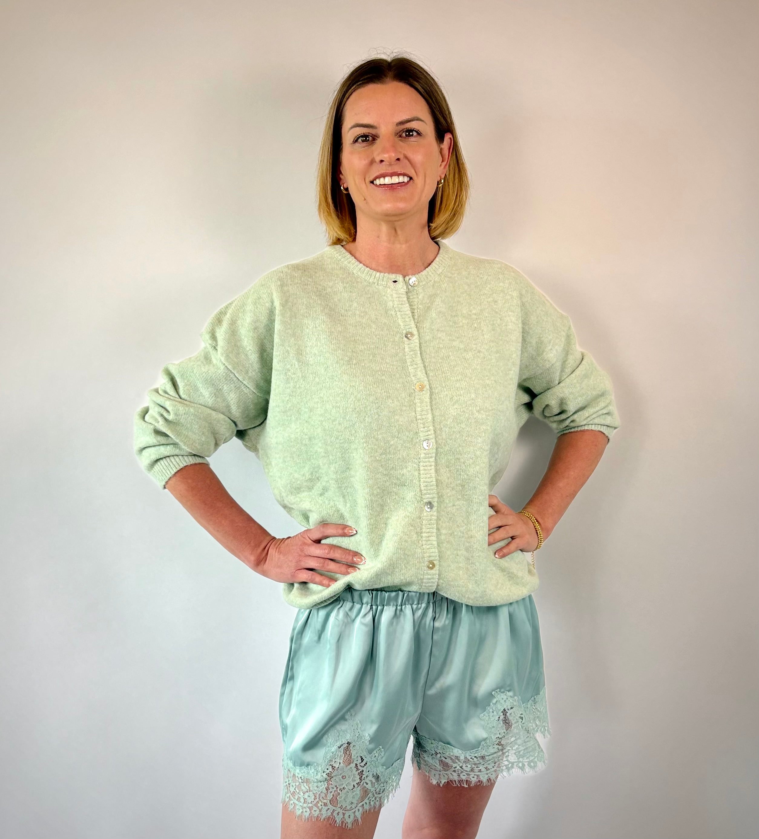 Brooke & Co mint daydream cardigan mint green lightweight button front styled outfit view