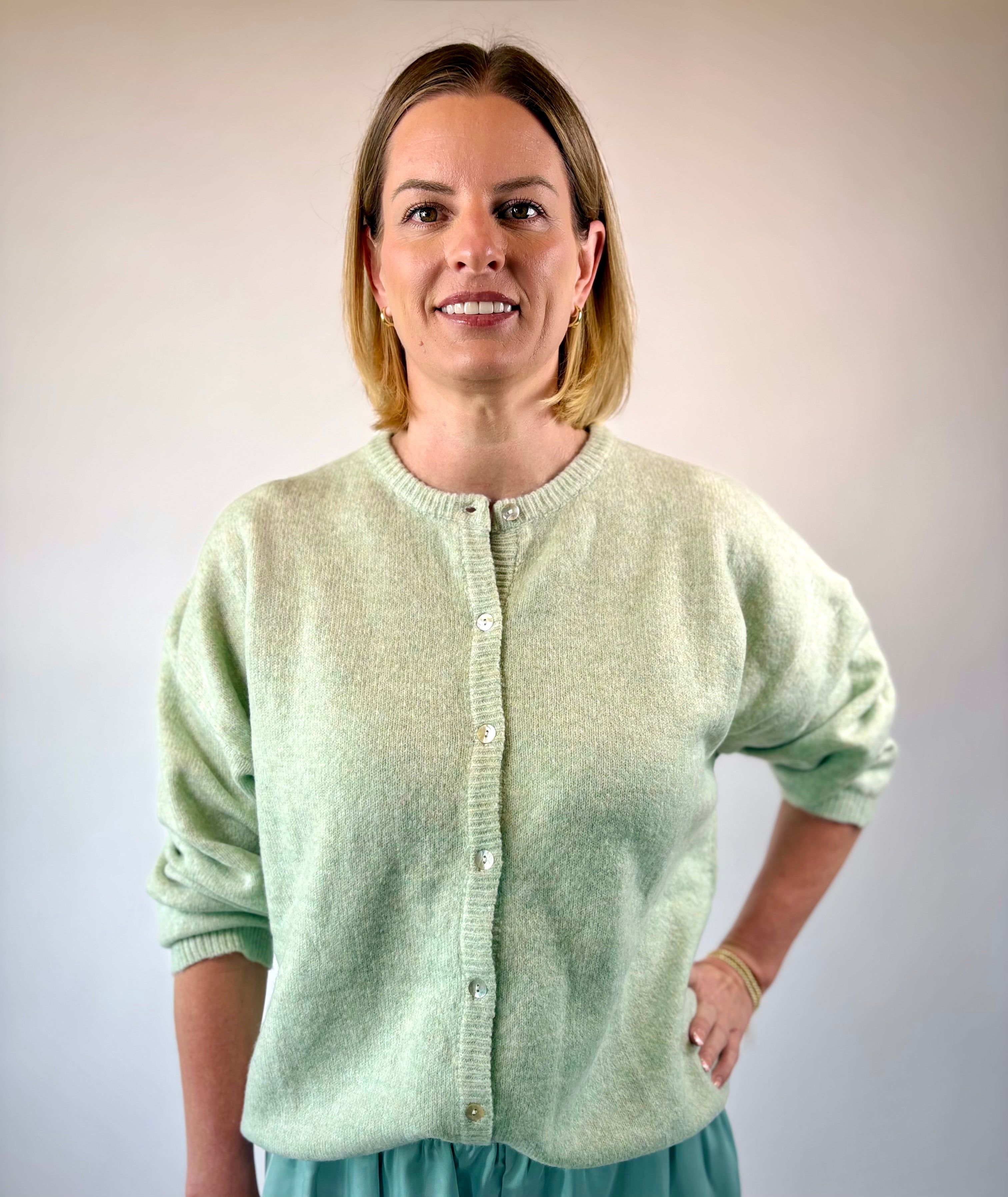 Brooke & Co mint daydream cardigan mint green lightweight button front sweater view close up