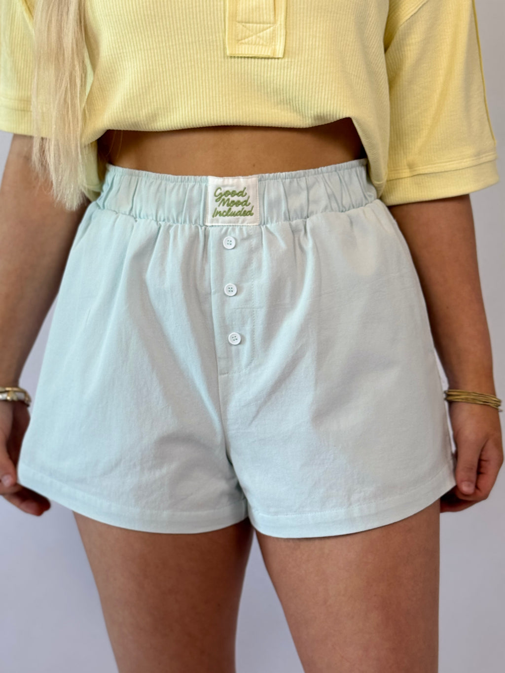 Brooke & Co Mint to Be Shorts high waisted mint cotton boutique shorts detail view