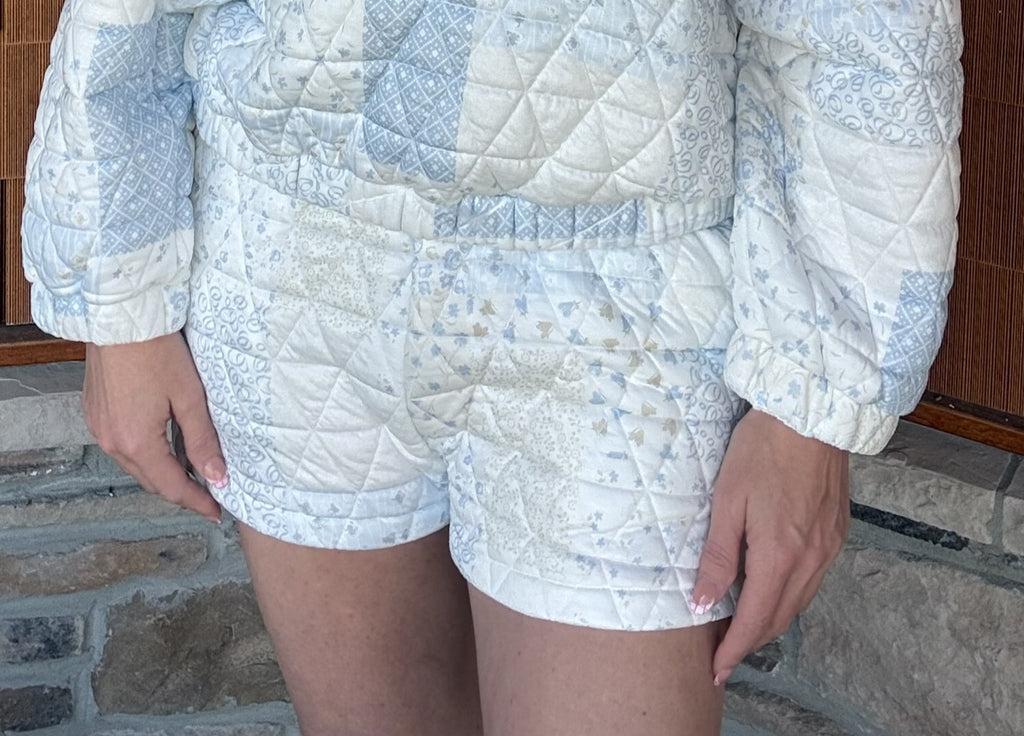 brooke & co the blue cottage shorts in blue combo patchwork styled with matching jacket, relaxed cottage inspired outfit front view