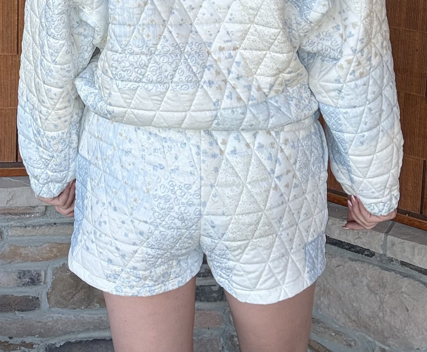 brooke & co the blue cottage shorts in blue combo showing soft patchwork and back length