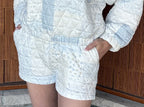 brooke & co blue cottage shorts in blue combo front view showing quilted patchwork fabric and elastic waistband detail