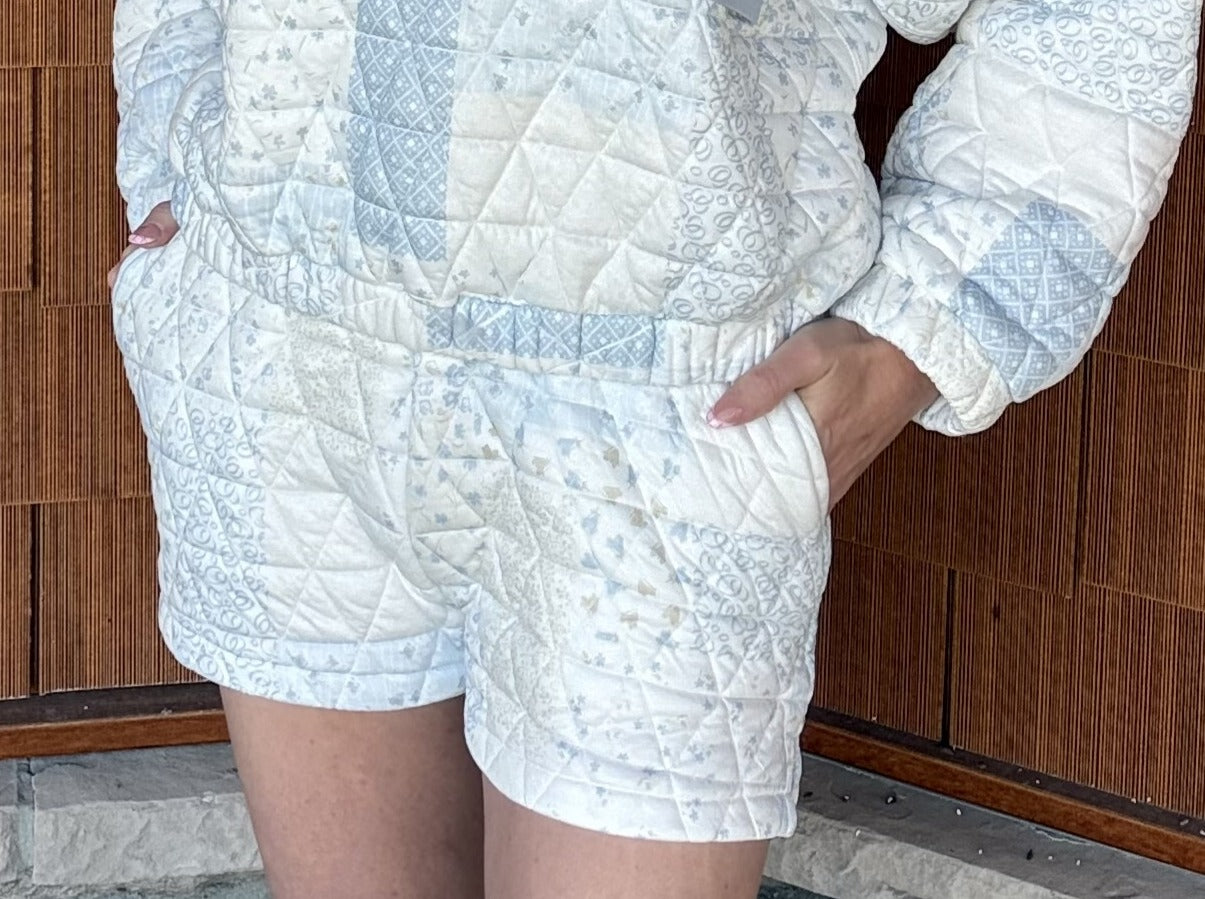 brooke & co blue cottage shorts in blue combo front view showing quilted patchwork fabric and elastic waistband detail