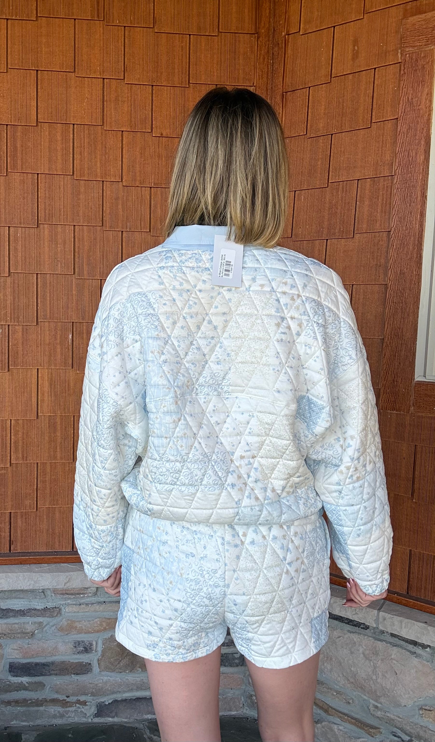 brooke & co the blue cottage jacket back view in blue combo showing relaxed silhouette and patchwork fabric