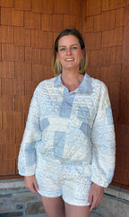 brooke & co the blue cottage jacket in blue combo patchwork print styled as a matching set, relaxed cottage inspired outfit front view