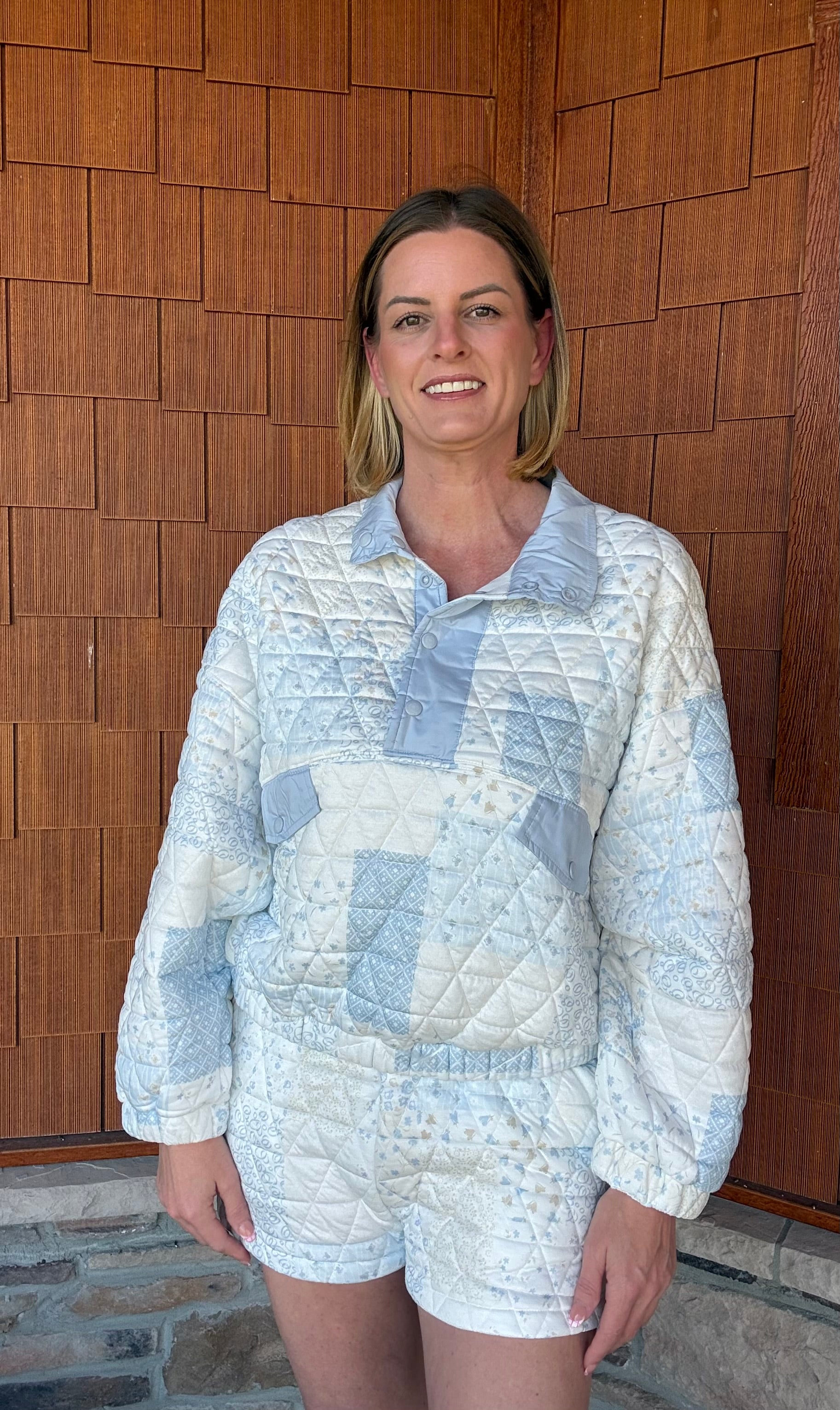 brooke & co the blue cottage jacket in blue combo patchwork print styled as a matching set, relaxed cottage inspired outfit front view