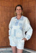 brooke & co blue cottage jacket in blue combo styled with matching shorts, quilted set front view