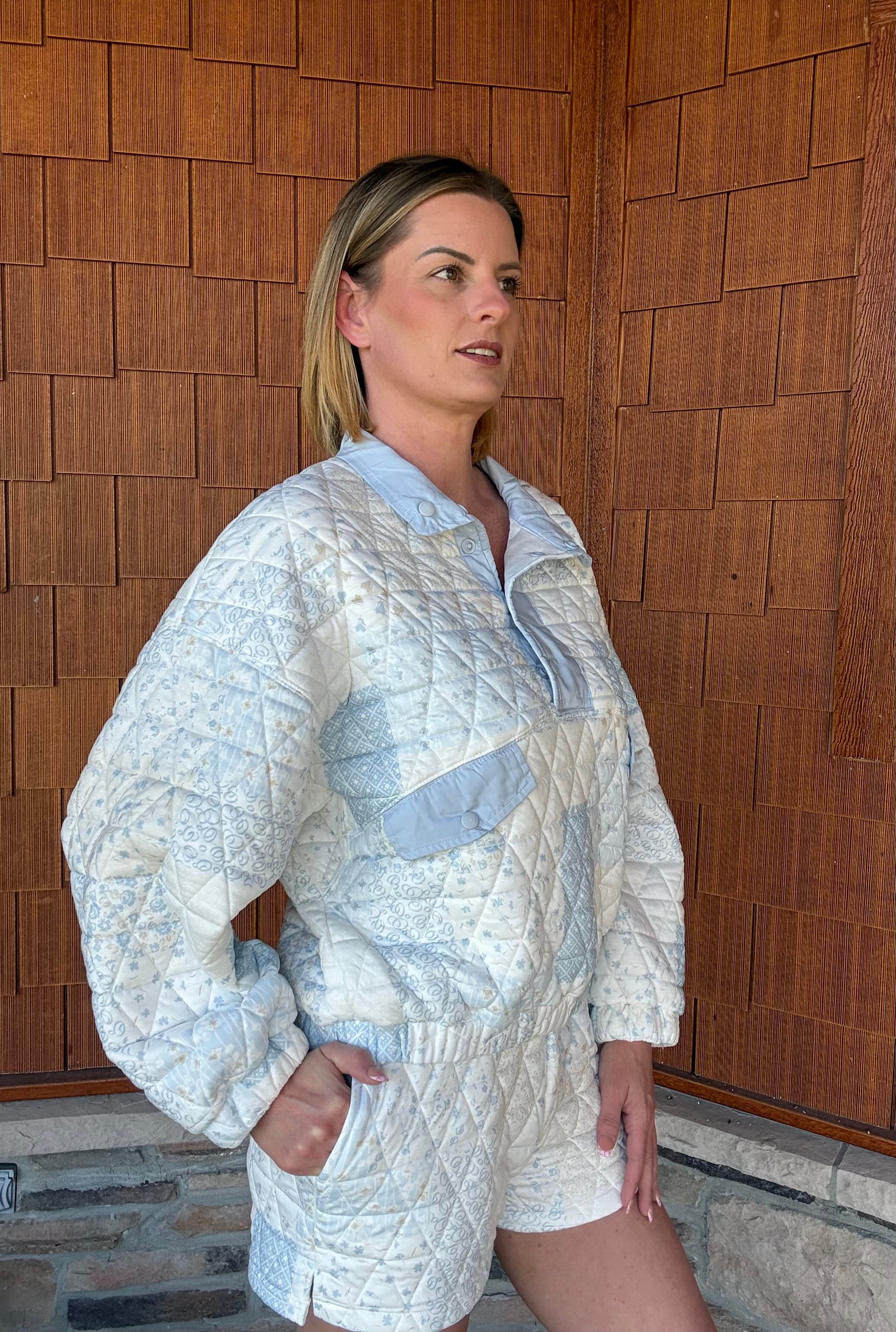brooke & co blue cottage jacket side view in blue combo showing soft structure and easy layering fit