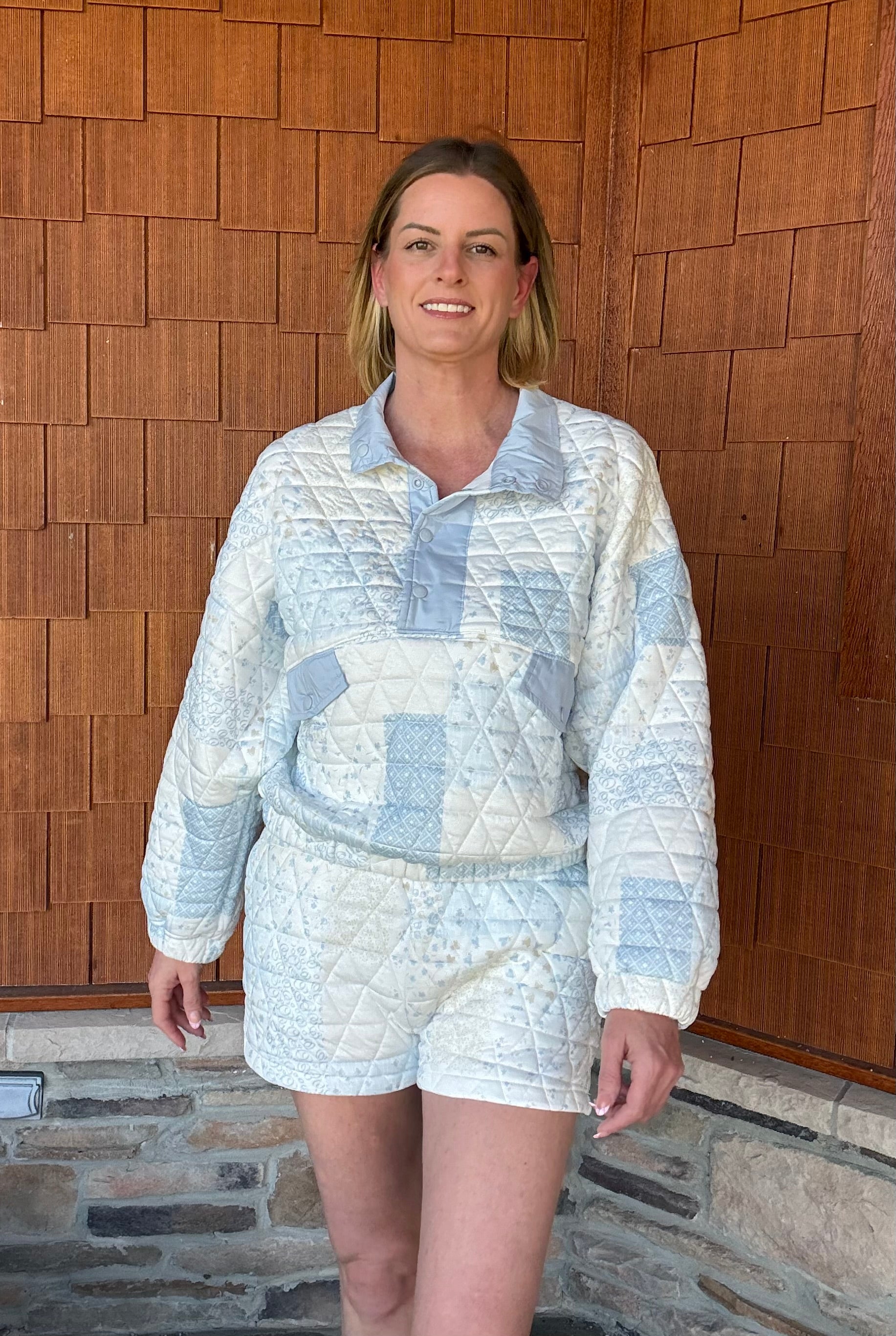 brooke & co the blue cottage jacket front view in blue combo showing relaxed fit and quilted patchwork detail