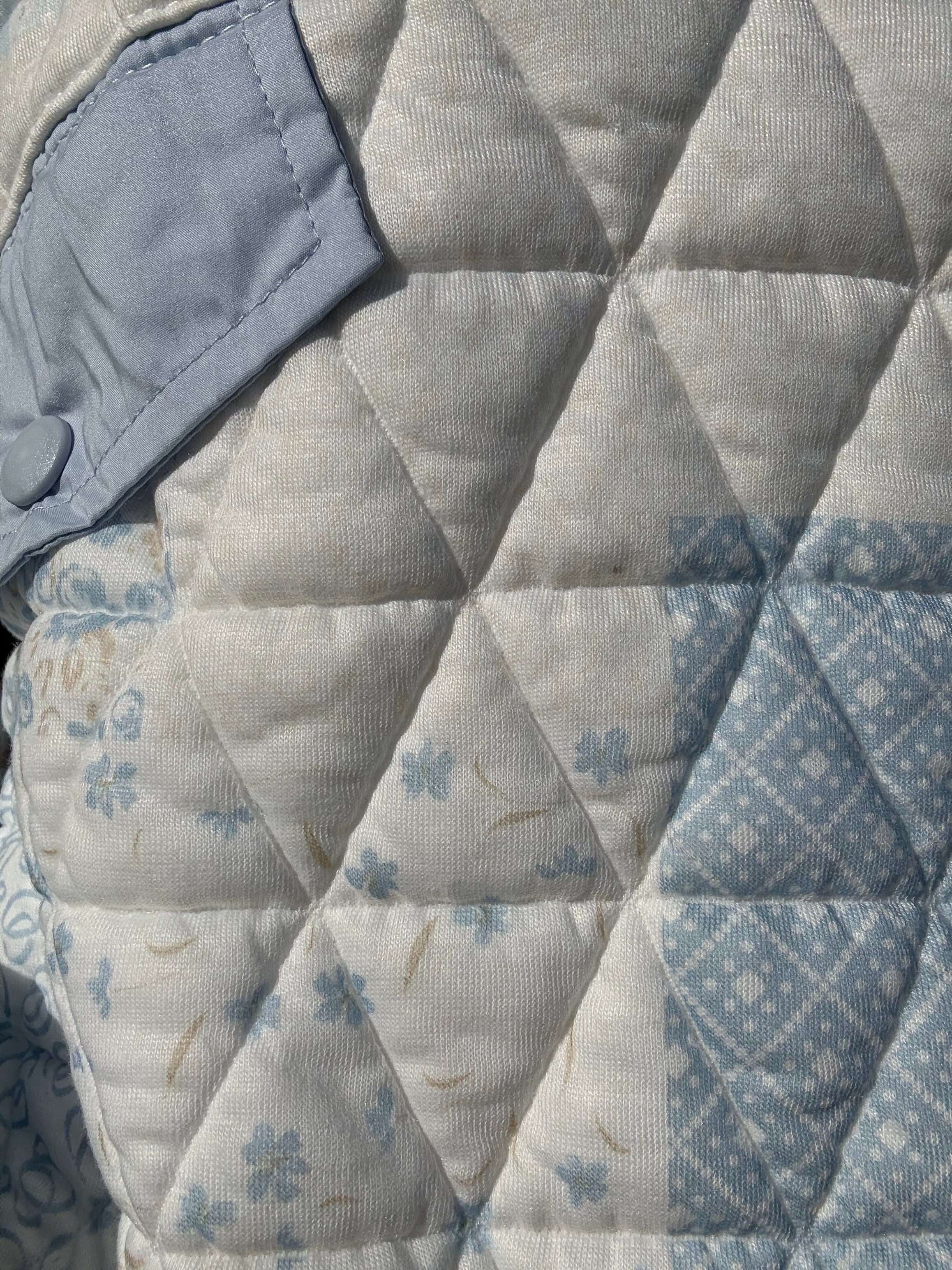 brooke & co blue cottage jacket quilted fabric detail in blue combo showing soft patchwork texture and stitching