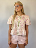 Brooke & Co Petals & Promises pink floral peplum blouse short sleeve front view