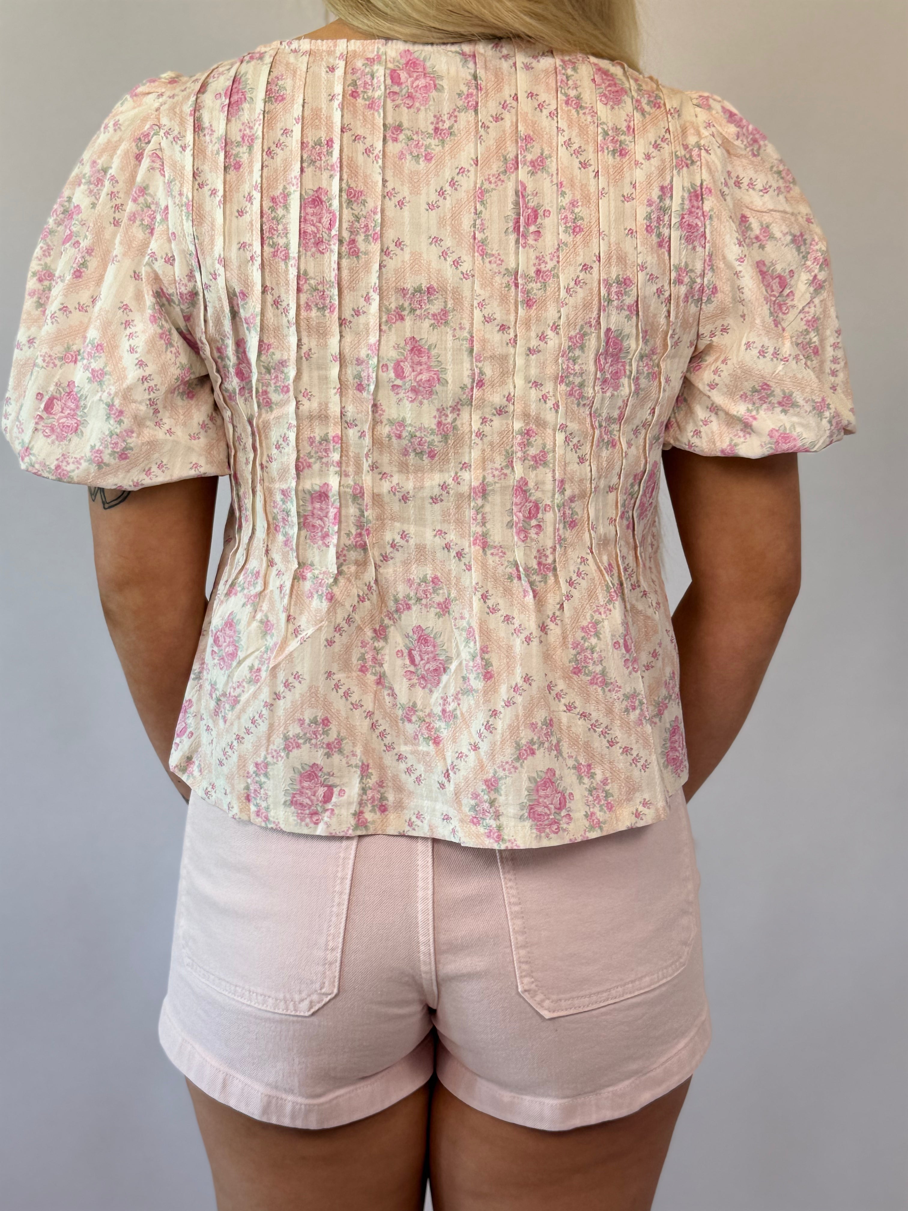 Brooke & Co Petals & Promises pink floral peplum blouse short sleeve back view