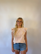 Brooke & Co petal striped blouse in red and ivory stripes with ruffle sleeves and flower applique view