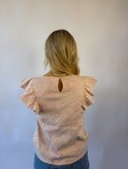 Brooke & Co petal striped blouse in red and ivory stripes with ruffle sleeves and flower applique back view