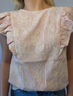 Brooke & Co petal striped blouse in red and ivory stripes with ruffle sleeves and flower applique detail view
