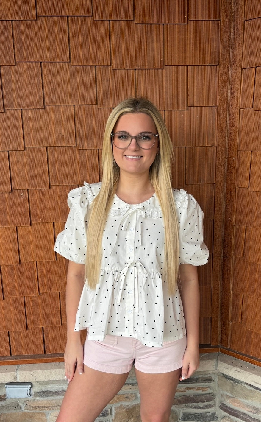 brooke & co polka dot darling white and black polka dot babydoll top with puff sleeves and tie neckline, flowy fit