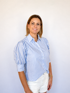 Brooke & co sailor striped top blue and white striped blouse with voluminous puff sleeves collared neckline and a tailored button front crisp elevated look
