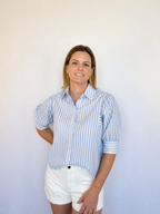 Brooke & co sailor striped top blue and white striped blouse with voluminous puff sleeves collared neckline and a tailored button front view
