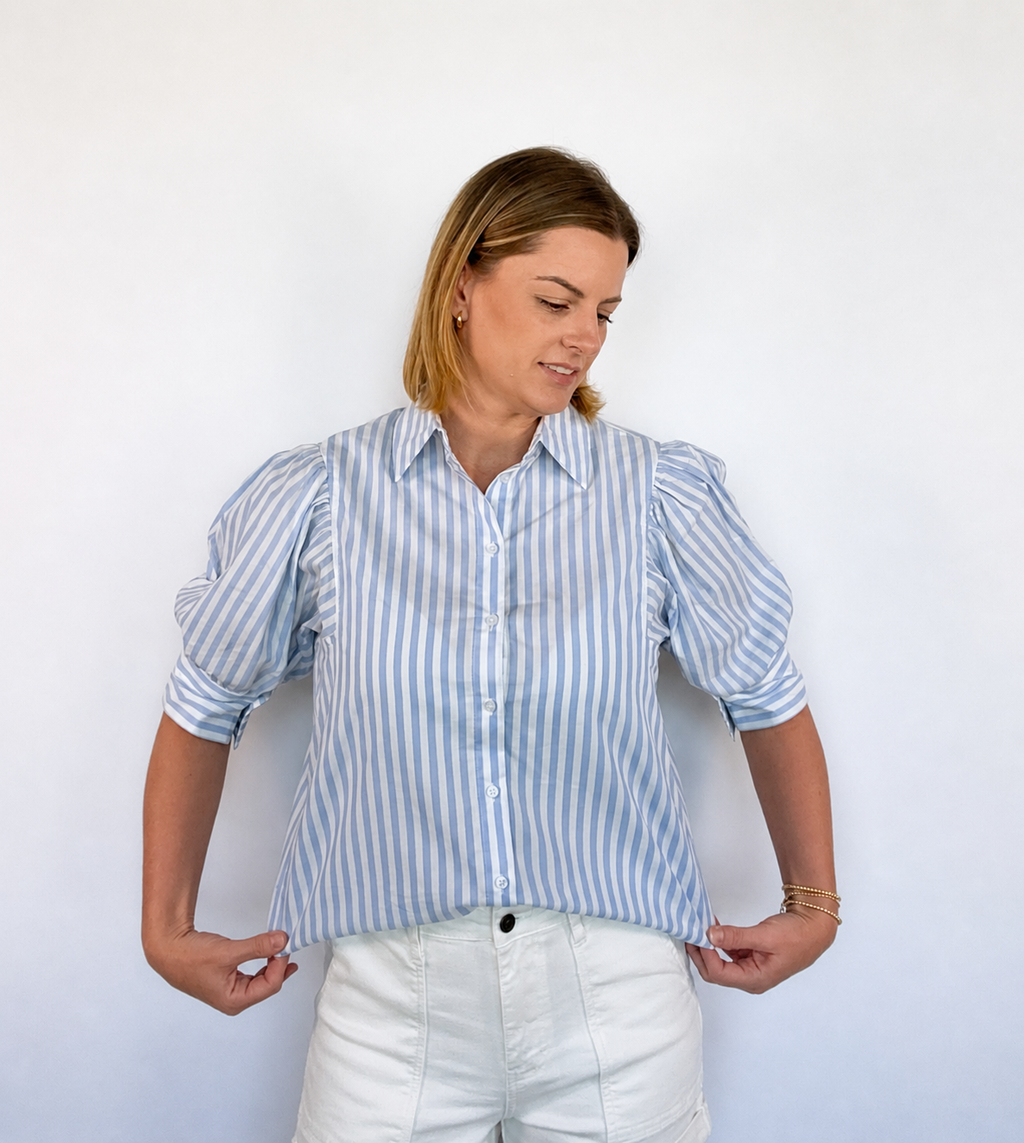 Brooke & co sailor striped top blue and white striped blouse with voluminous puff sleeves collared neckline and a polished feminine silhouette