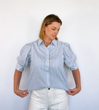Brooke & co sailor striped top blue and white striped blouse with voluminous puff sleeves collared neckline and a polished feminine silhouette