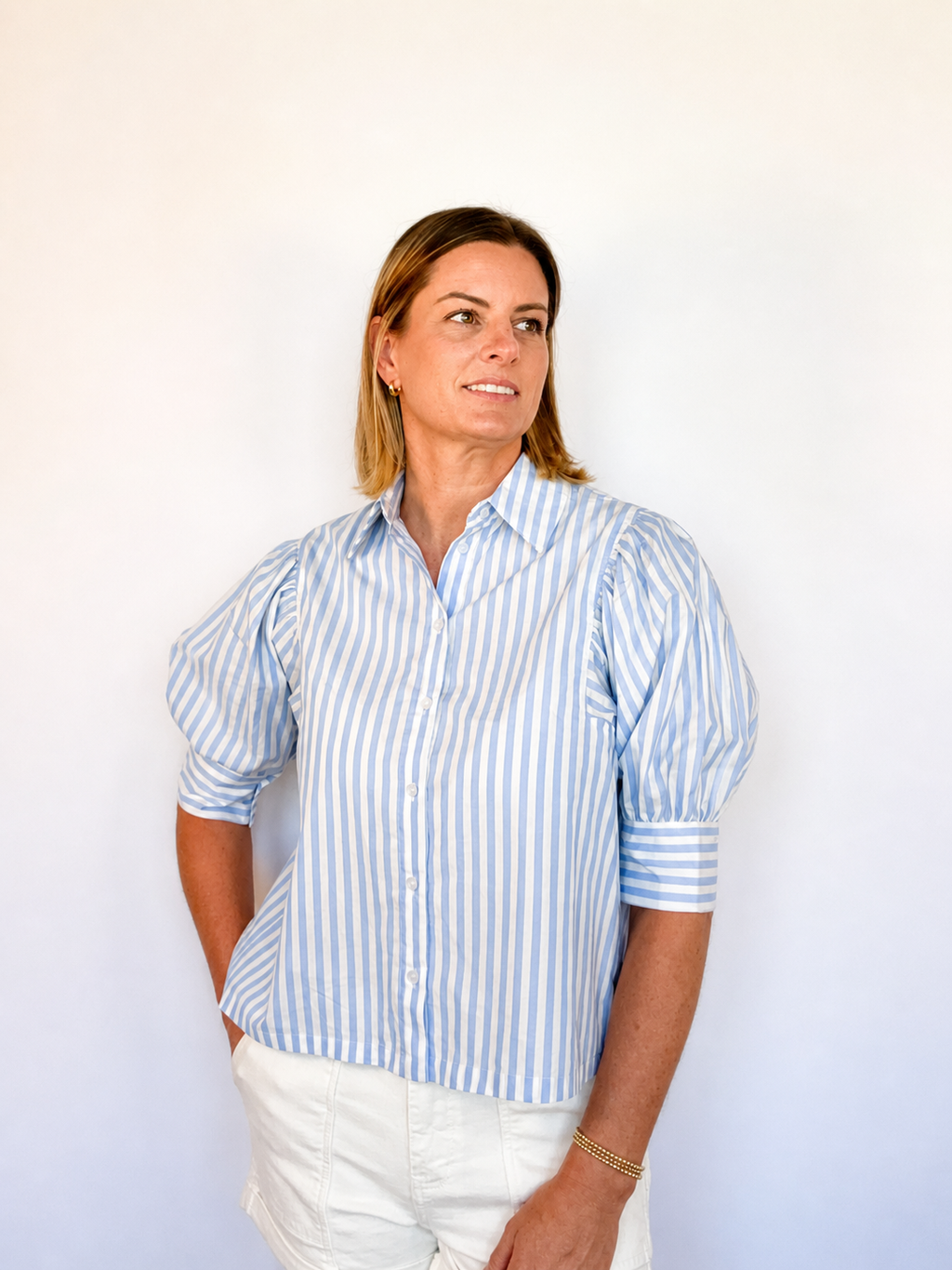 Brooke & co sailor striped top blue and white striped blouse with voluminous puff sleeves collared neckline and a tailored button front