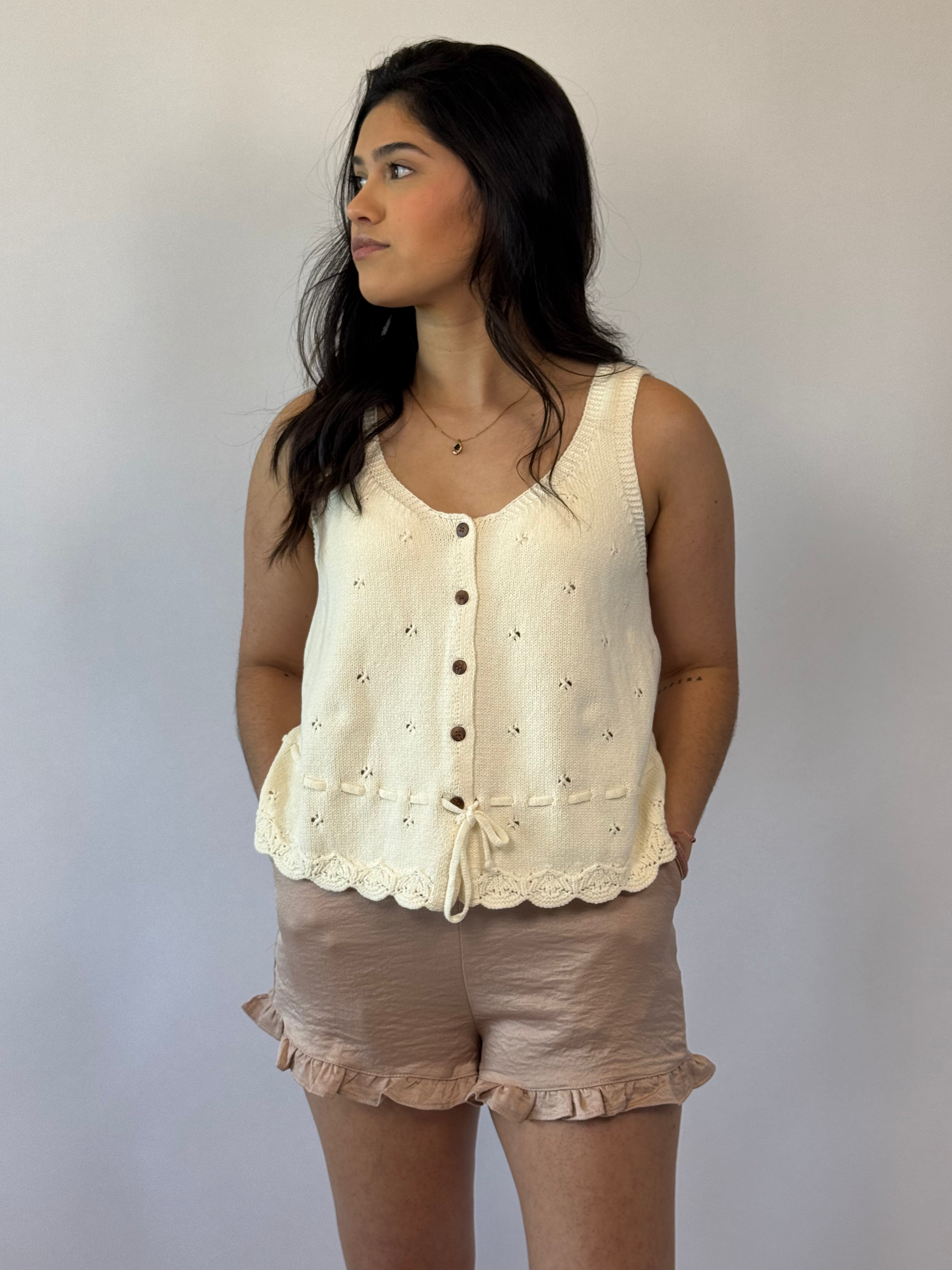 Brooke & Co Sweetheart Scallop Tank cream boutique sweater tank front view