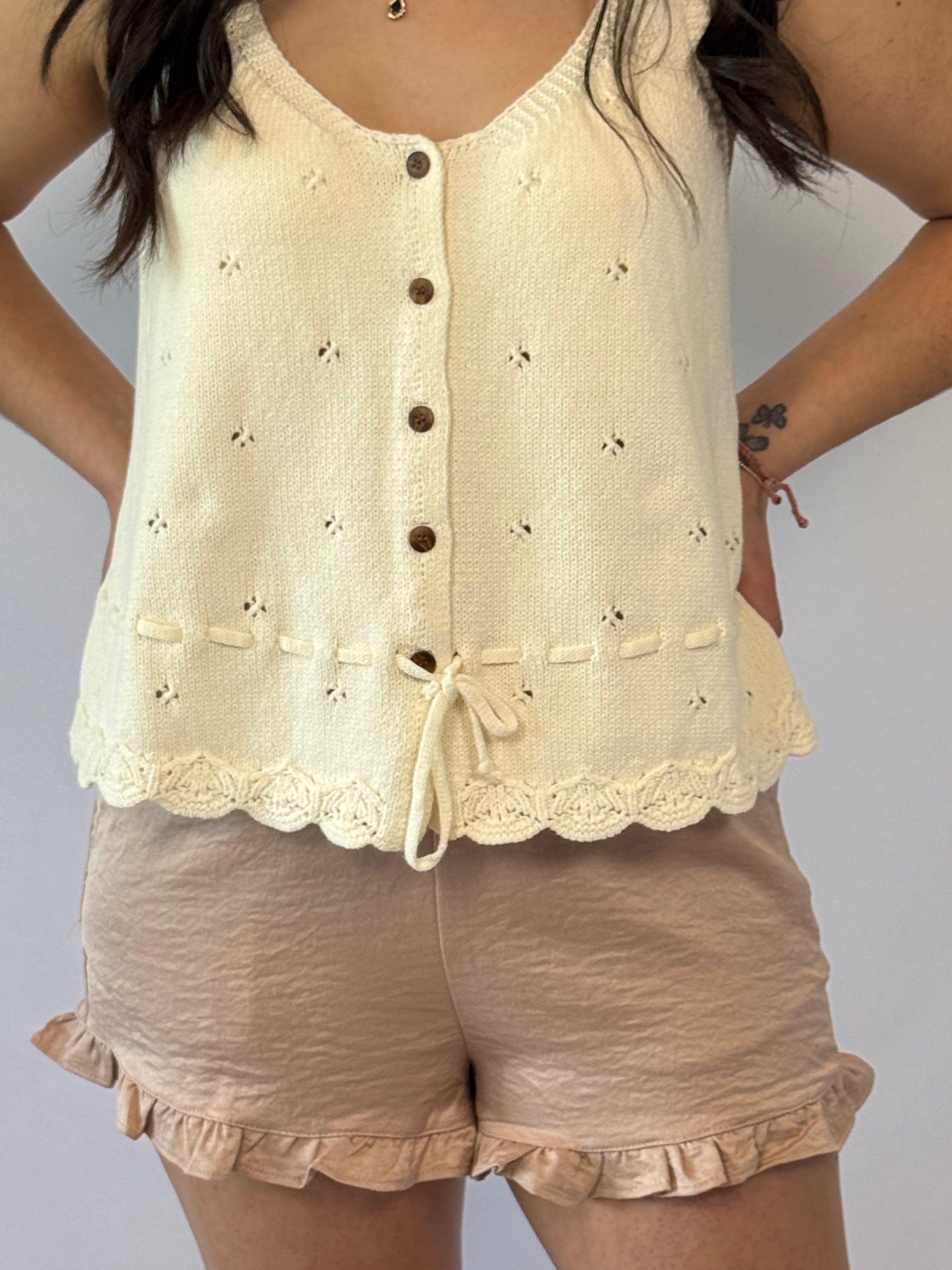 Brooke & Co Sweetheart Scallop Tank cream boutique sweater tank front detail