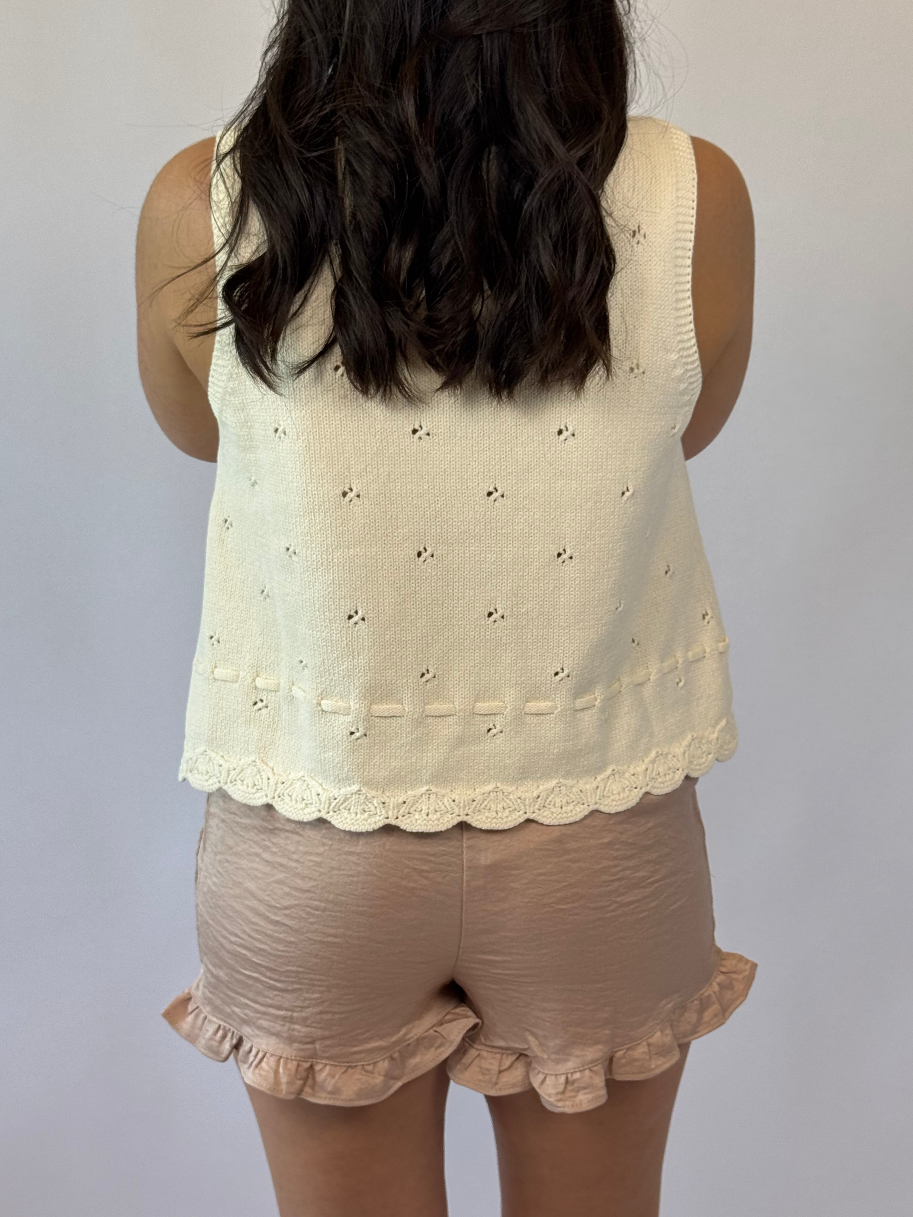 Brooke & Co Sweetheart Scallop Tank cream boutique sweater tank back view