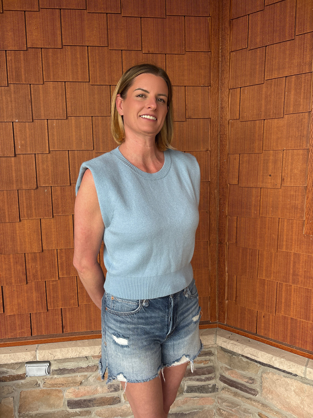 brooke & co seabreeze knit light blue sleeveless textured top with structured shoulders fitted hem side view