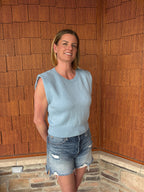 brooke & co seabreeze knit light blue sleeveless textured top with structured shoulders fitted hem side view