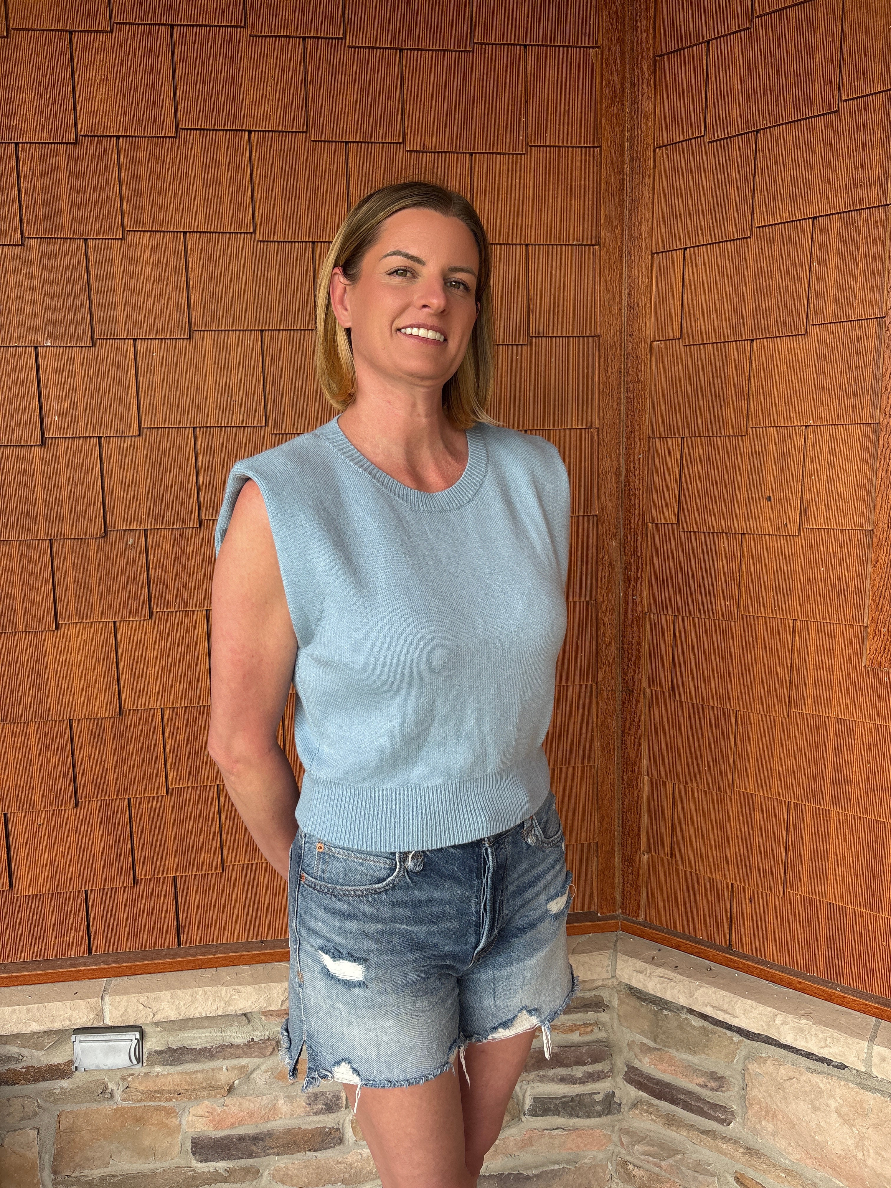 brooke & co seabreeze knit light blue sleeveless textured top with structured shoulders fitted hem side view