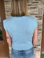 brooke & co seabreeze knit light blue sleeveless textured top with structured shoulders fitted hem back