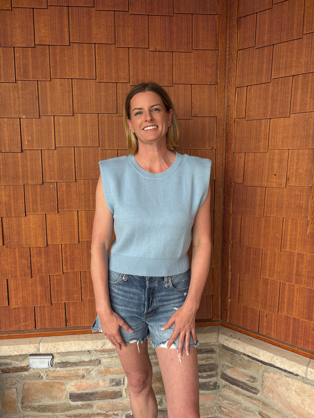 brooke & co seabreeze knit light blue sleeveless textured top with structured shoulders fitted hem front view