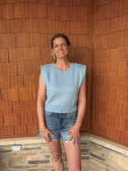 brooke & co seabreeze knit light blue sleeveless textured top with structured shoulders fitted hem front view