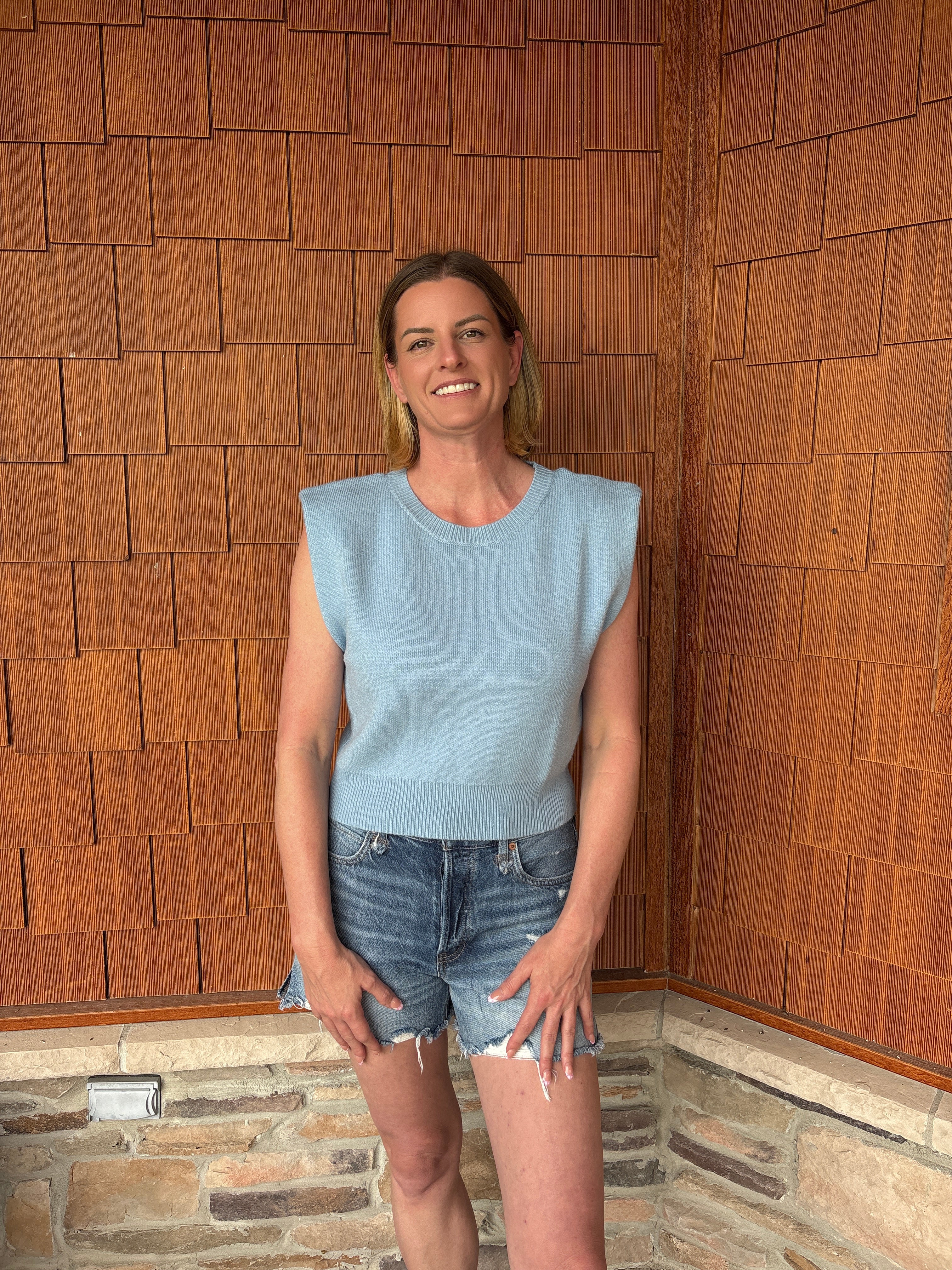 brooke & co seabreeze knit light blue sleeveless textured top with structured shoulders fitted hem front view