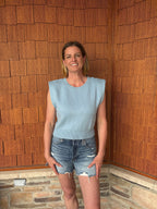 brooke & co seabreeze knit light blue sleeveless textured top with structured shoulders fitted hem front