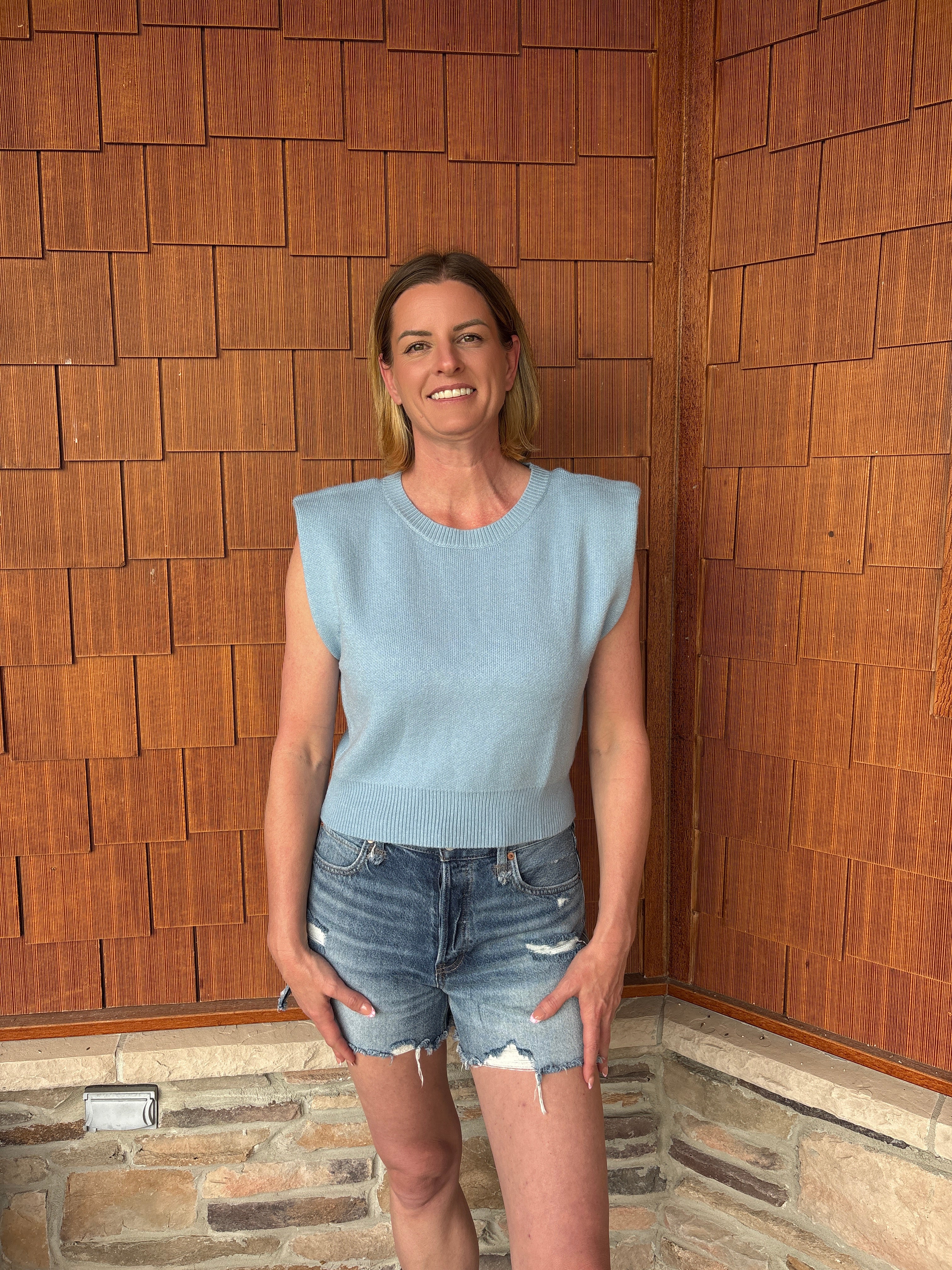 brooke & co seabreeze knit light blue sleeveless textured top with structured shoulders fitted hem front