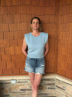 brooke & co seabreeze knit light blue sleeveless textured top with structured shoulders fitted hem