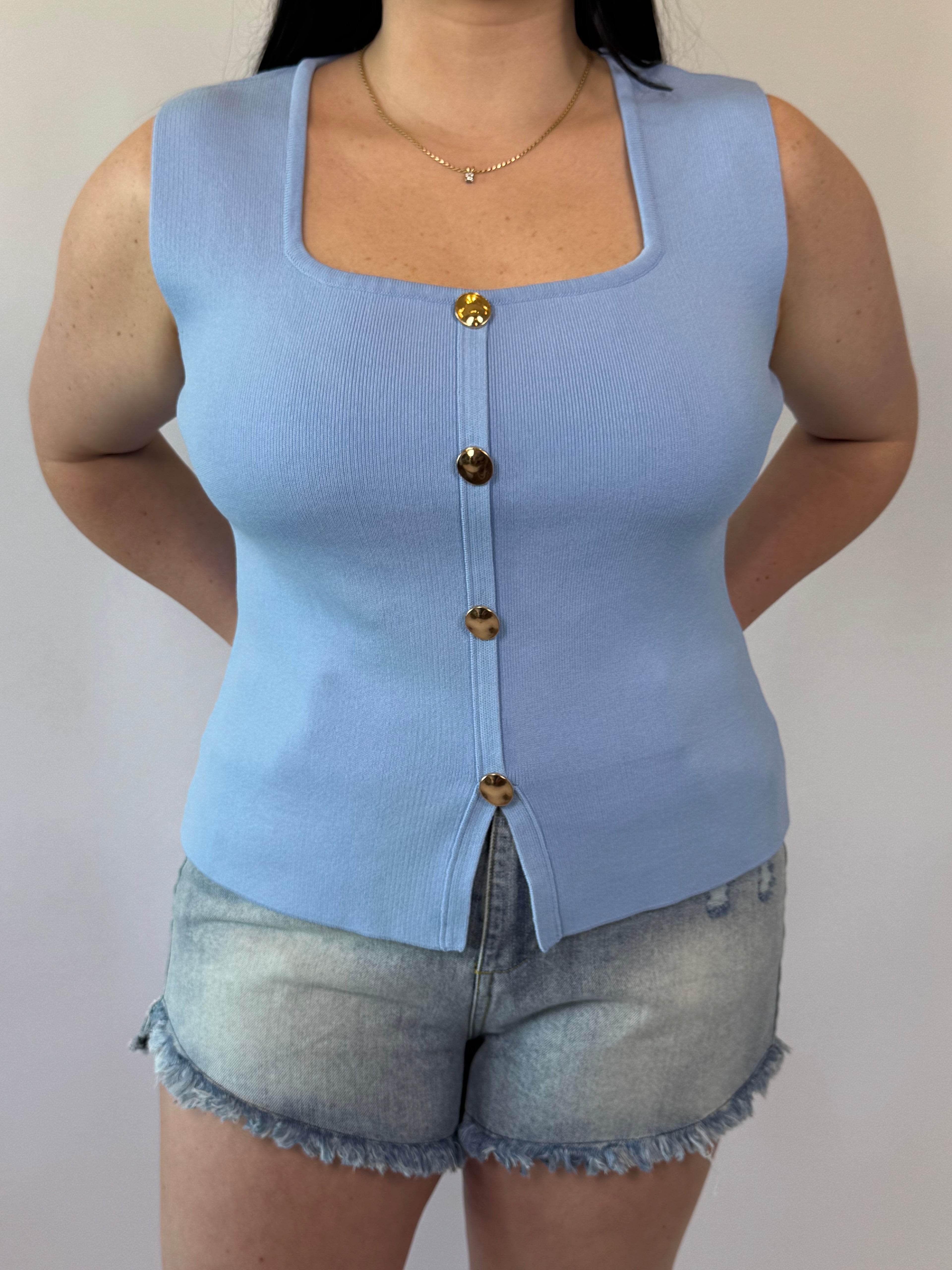 Brooke & Co Something Blue Top light blue sleeveless boutique tank front detail