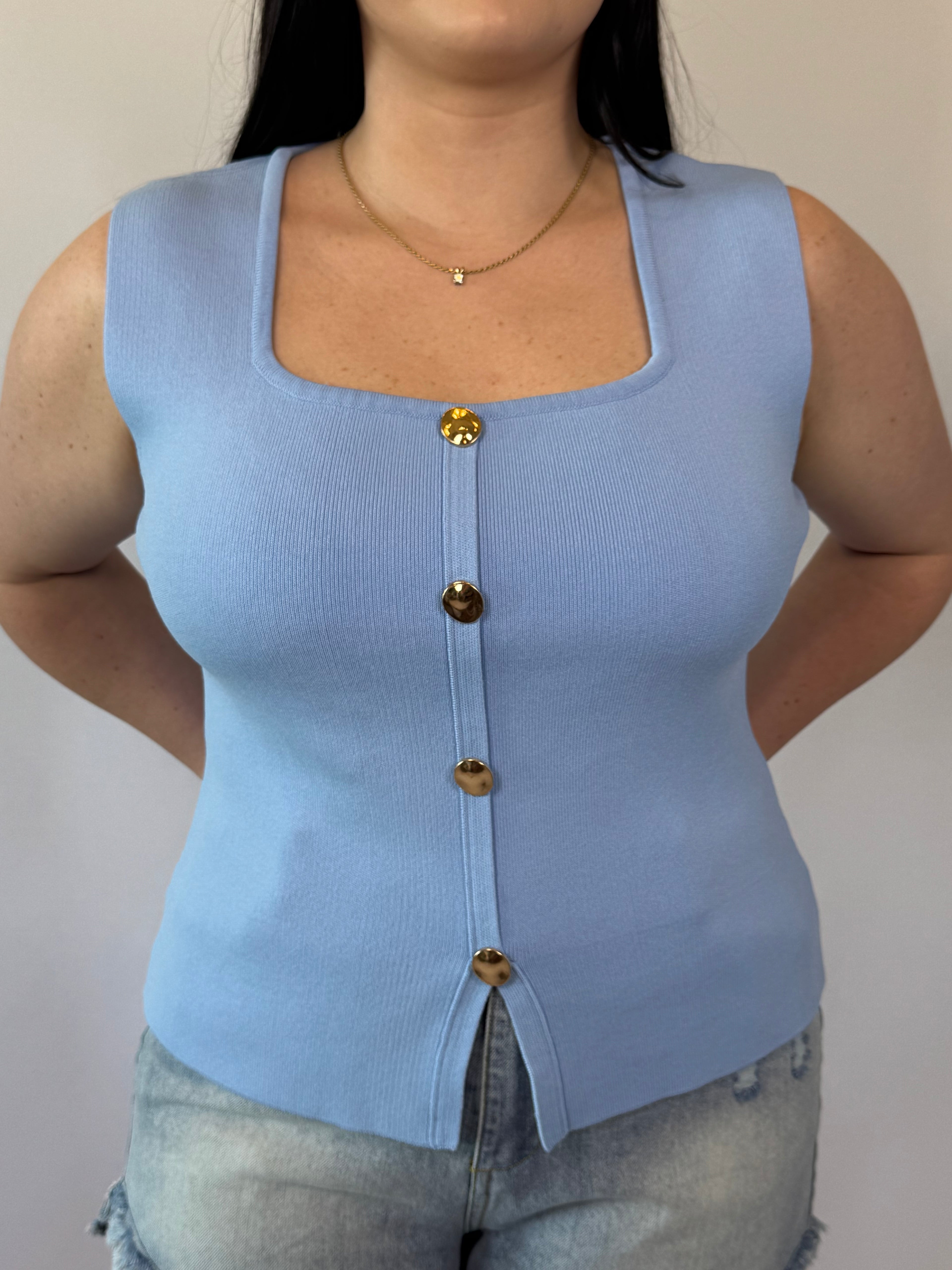 Brooke & Co Something Blue Top light blue sleeveless boutique tank close up detail