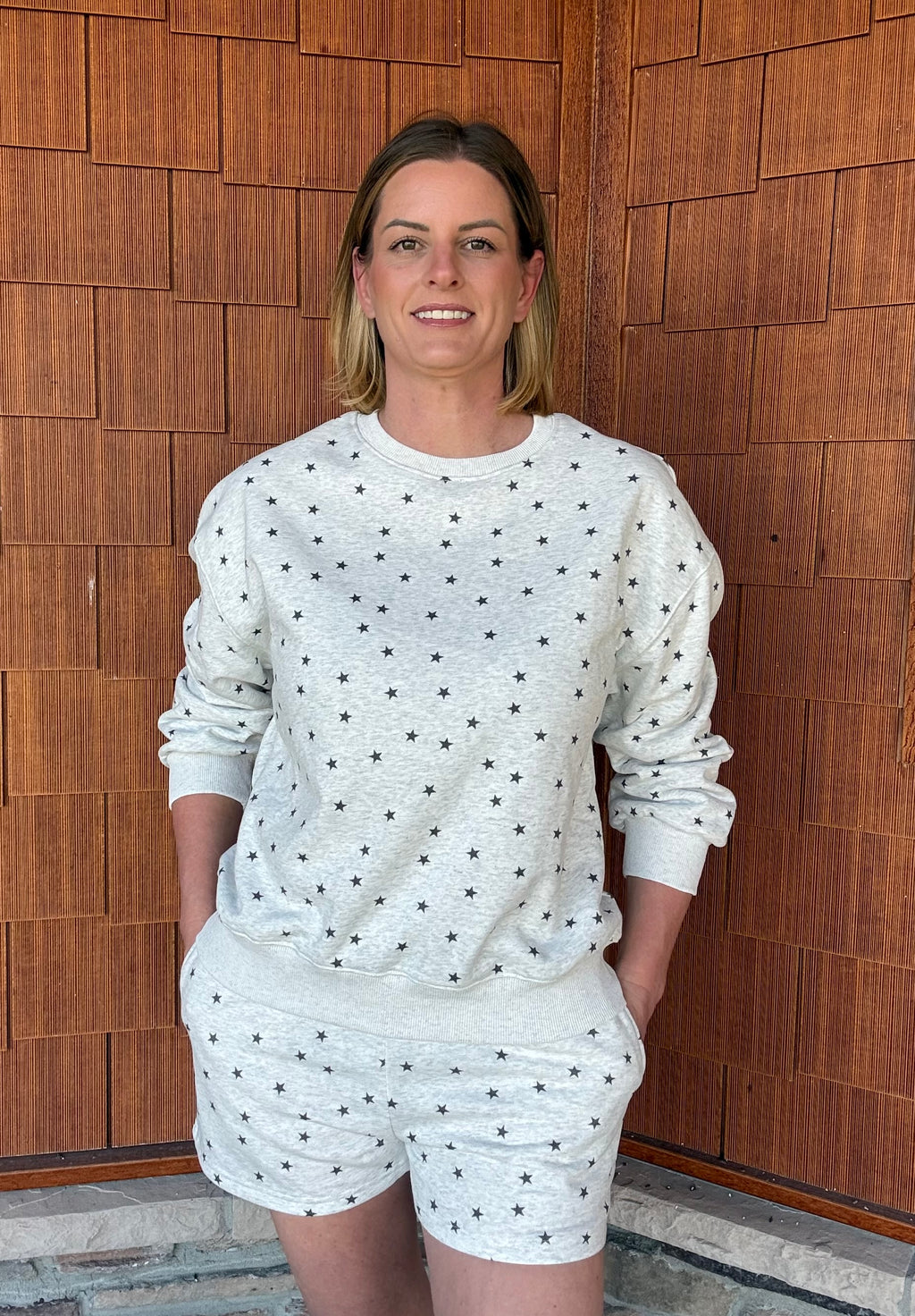 brooke & co grey and black under the stars top full outfit view with matching shorts