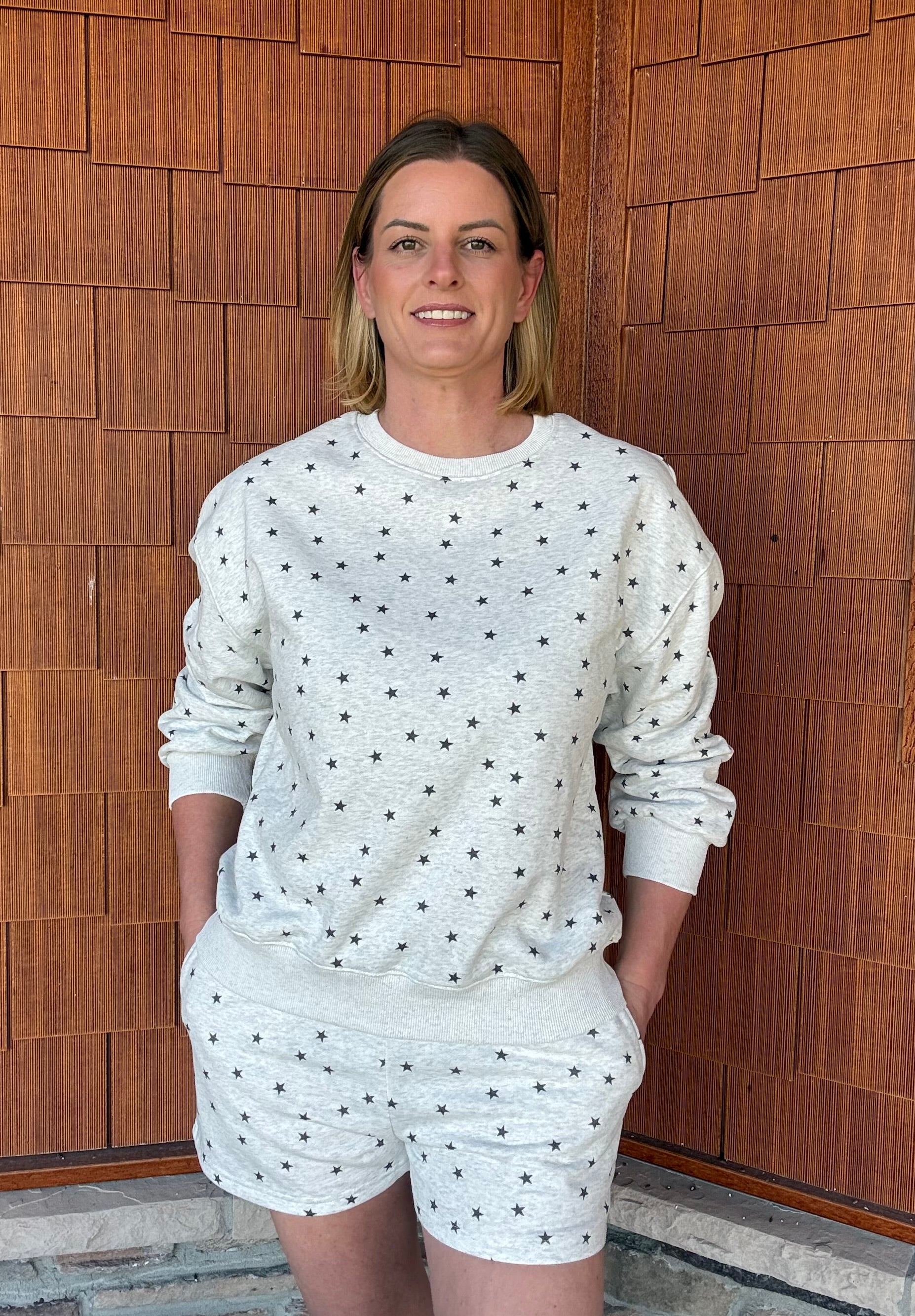 brooke & co grey and black under the stars top full outfit view with matching shorts