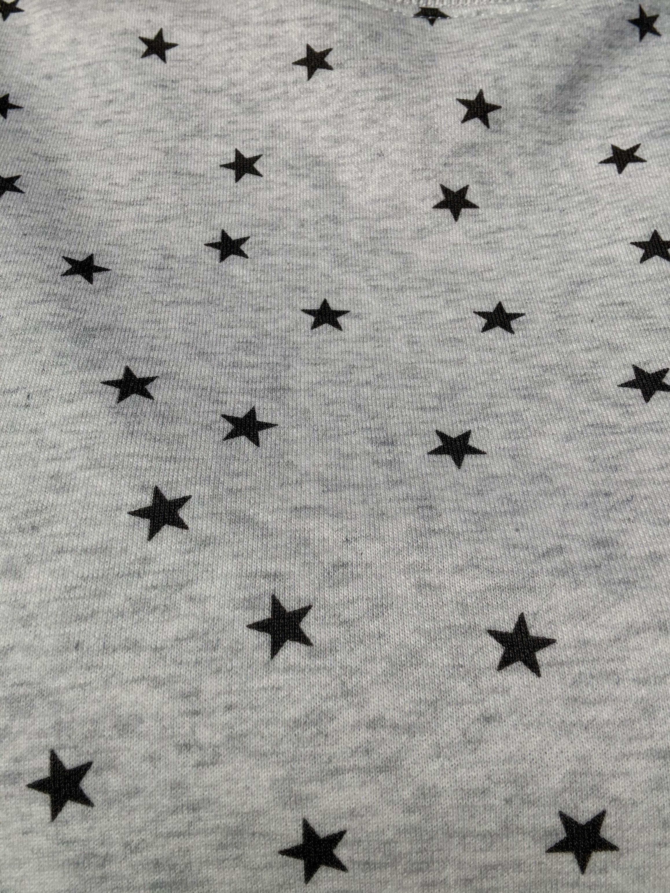 brooke & co grey and black star print fabric detail of under the stars top showing soft knit texture