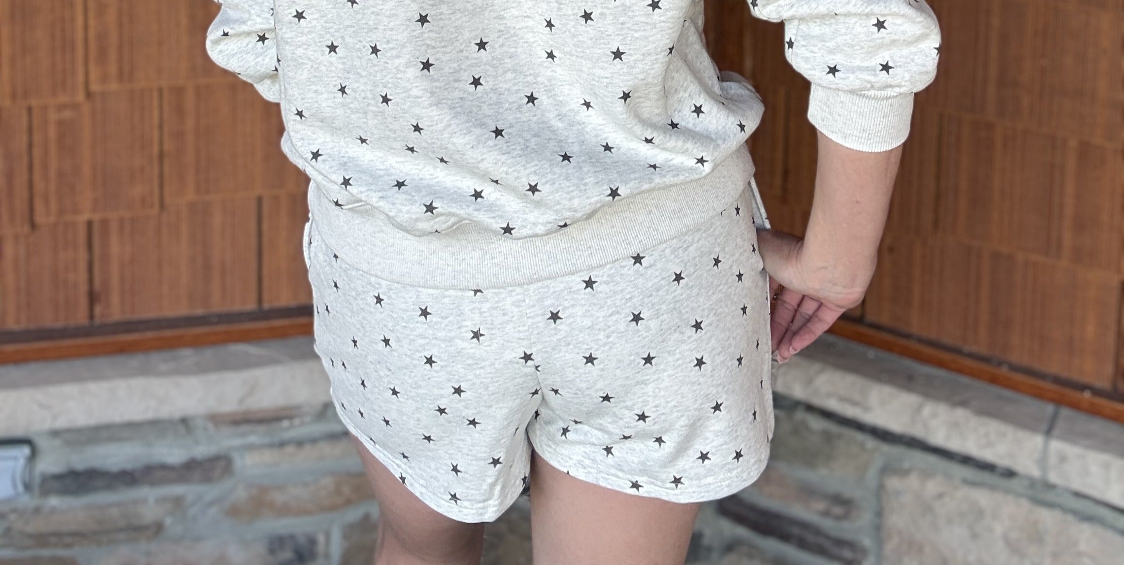 brooke & co under the stars shorts in grey and black showing comfortable length and soft knit fabric