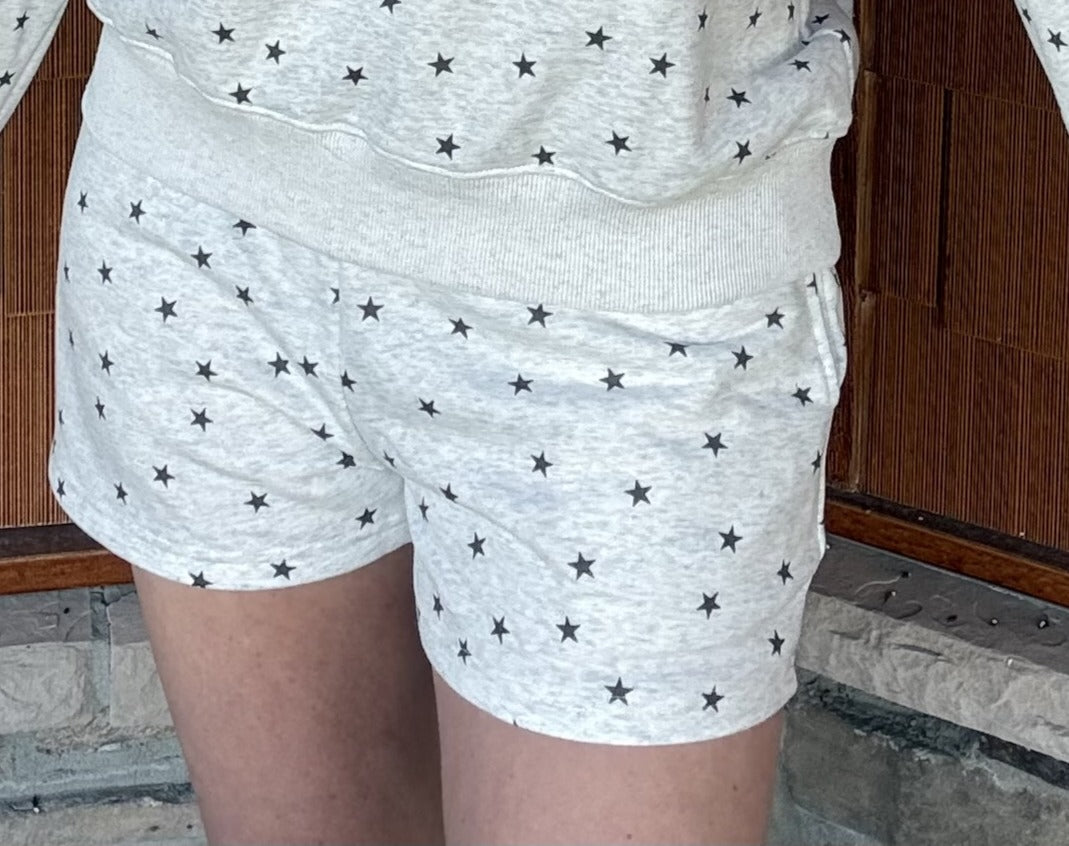 brooke & co grey and black star print under the stars shorts front view showing elastic waistband and relaxed fit