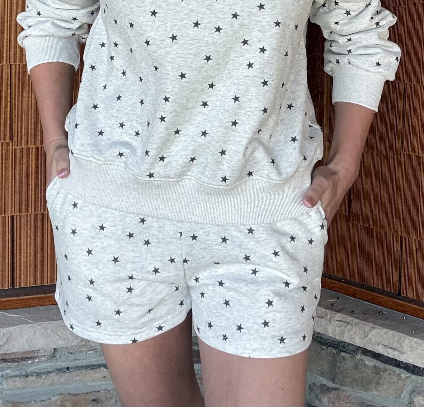brooke & co under the stars shorts in grey and black star print styled as a matching set, relaxed lounge fit front view