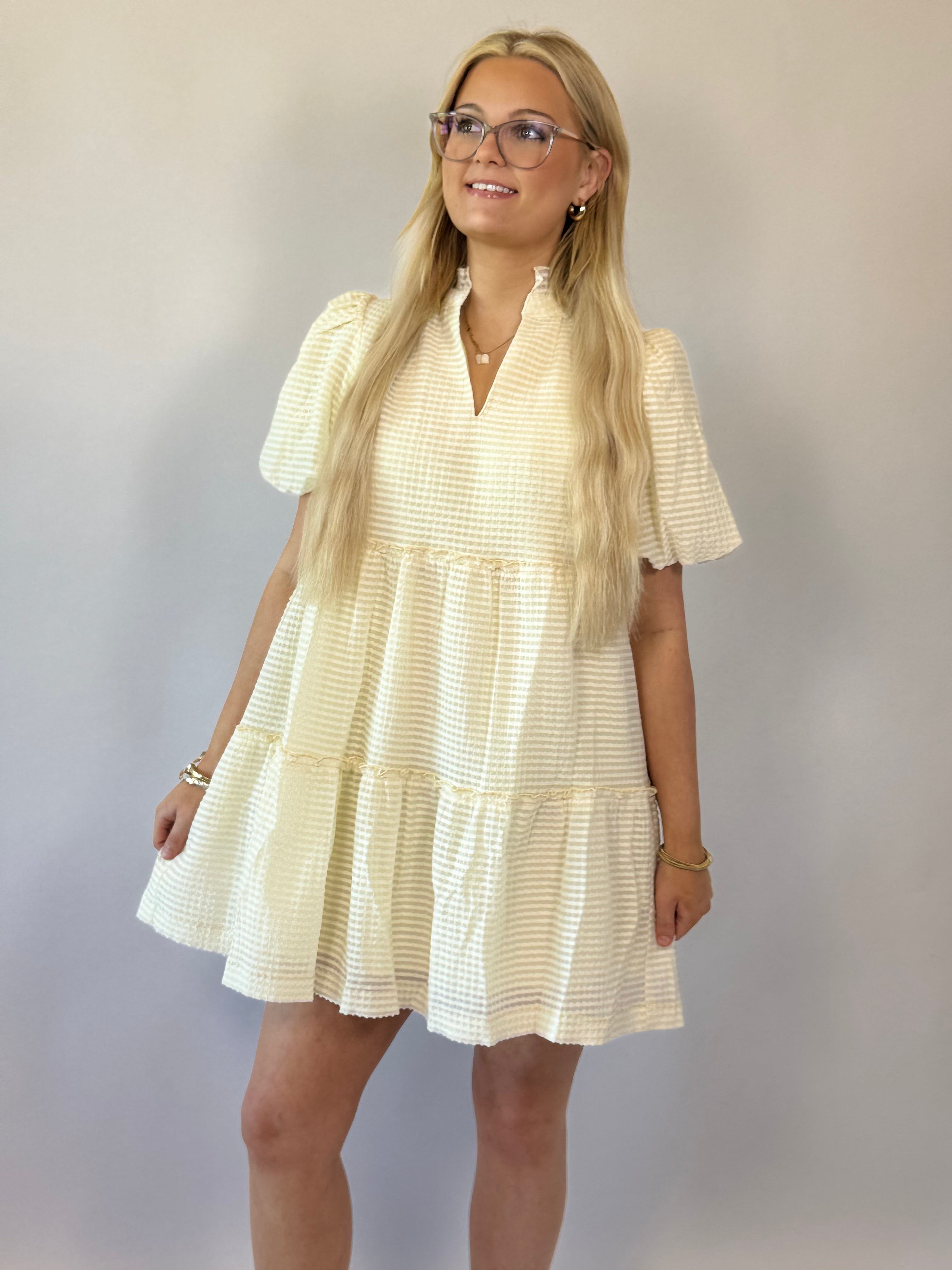 Brooke & Co The Sunday Dress cream textured dress short sleeve babydoll dress front view